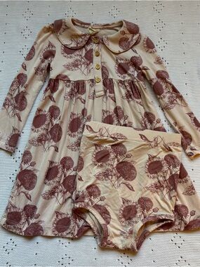 kate quinn Cream Dress with Brown Sunflower Print and Matching Bloomers